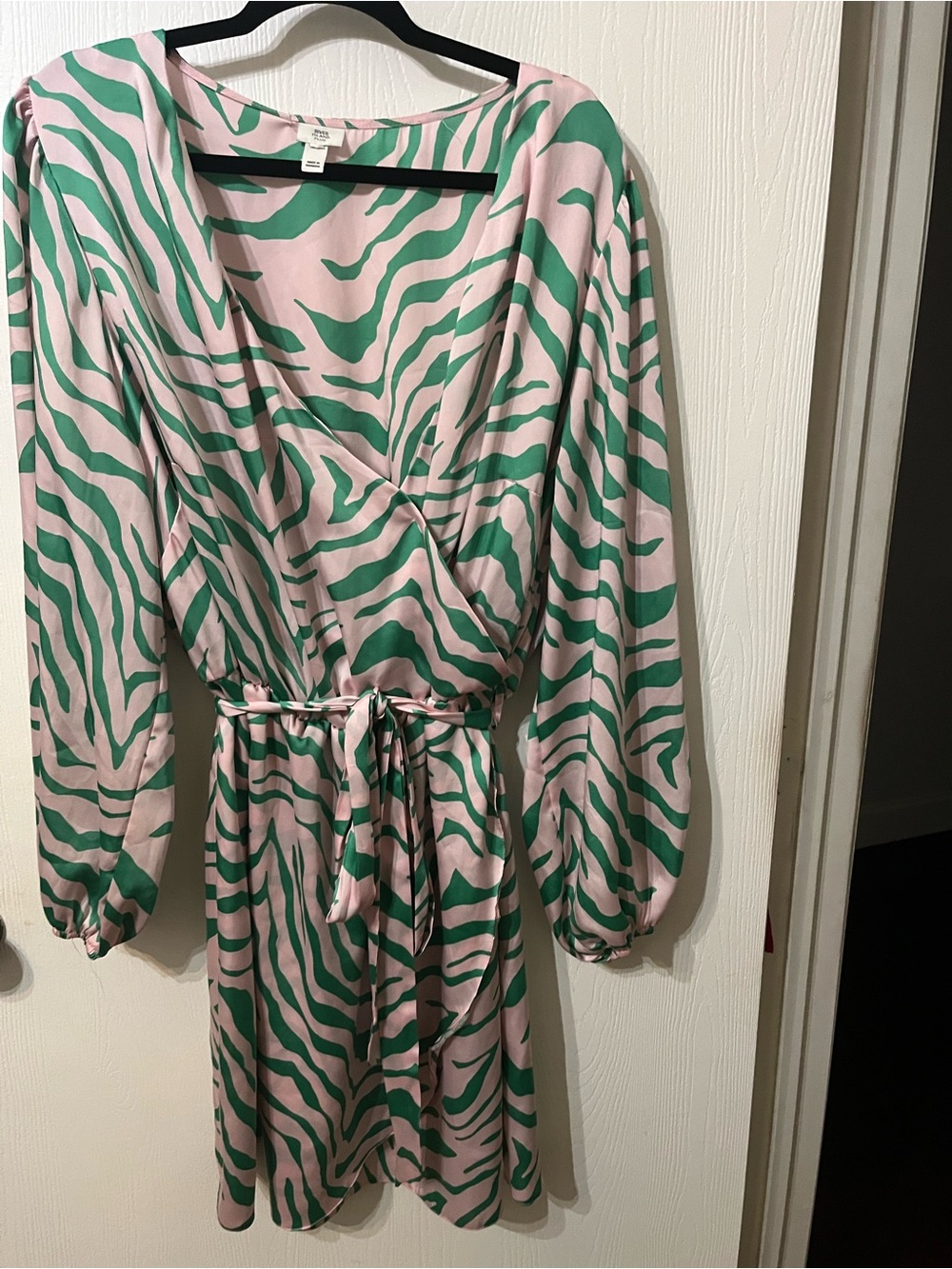 Pink and Green Zebra Faux Wrap Dress with Tie Waist